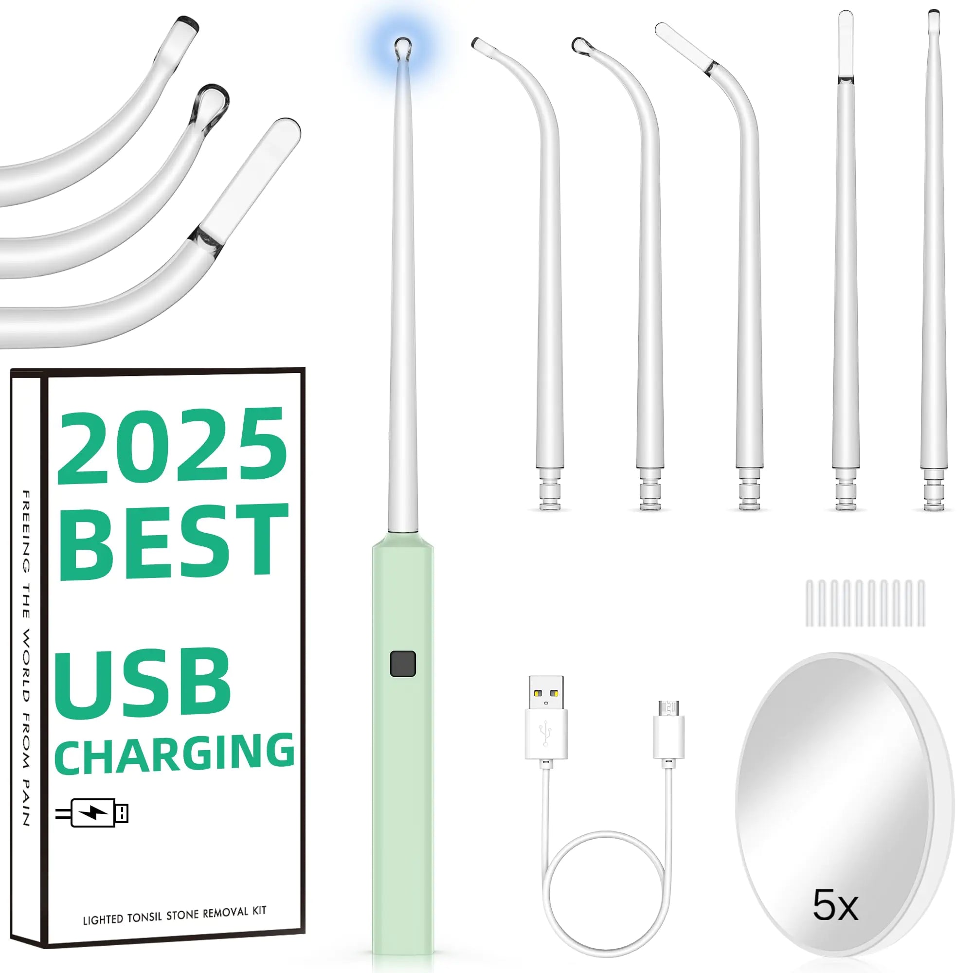 EVNRH Best Tonsil Stone Remover 6pcs Extended LED Light Guiding Scoop Curved Tonsil Stone Removal Kit Remove Tonsil Stone Water Flosser Oral Irrigator Tool Rinse Syringe Cleaner Fresh Breath Soft