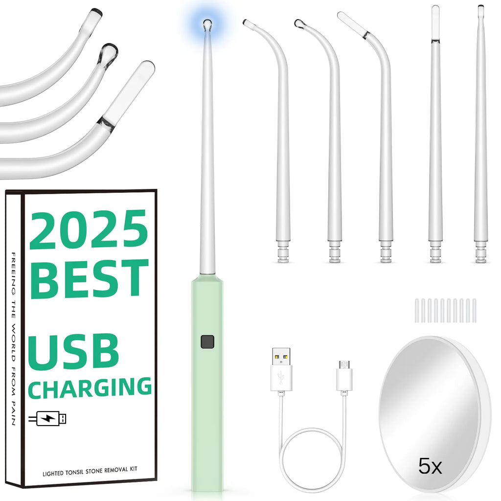 EVNRH Best Tonsil Stone Remover 6pcs Extended LED Light Guiding Scoop Curved Tonsil Stone Removal Kit Remove Tonsil Stone Water Flosser Oral Irrigator Tool Rinse Syringe Cleaner Fresh Breath Soft